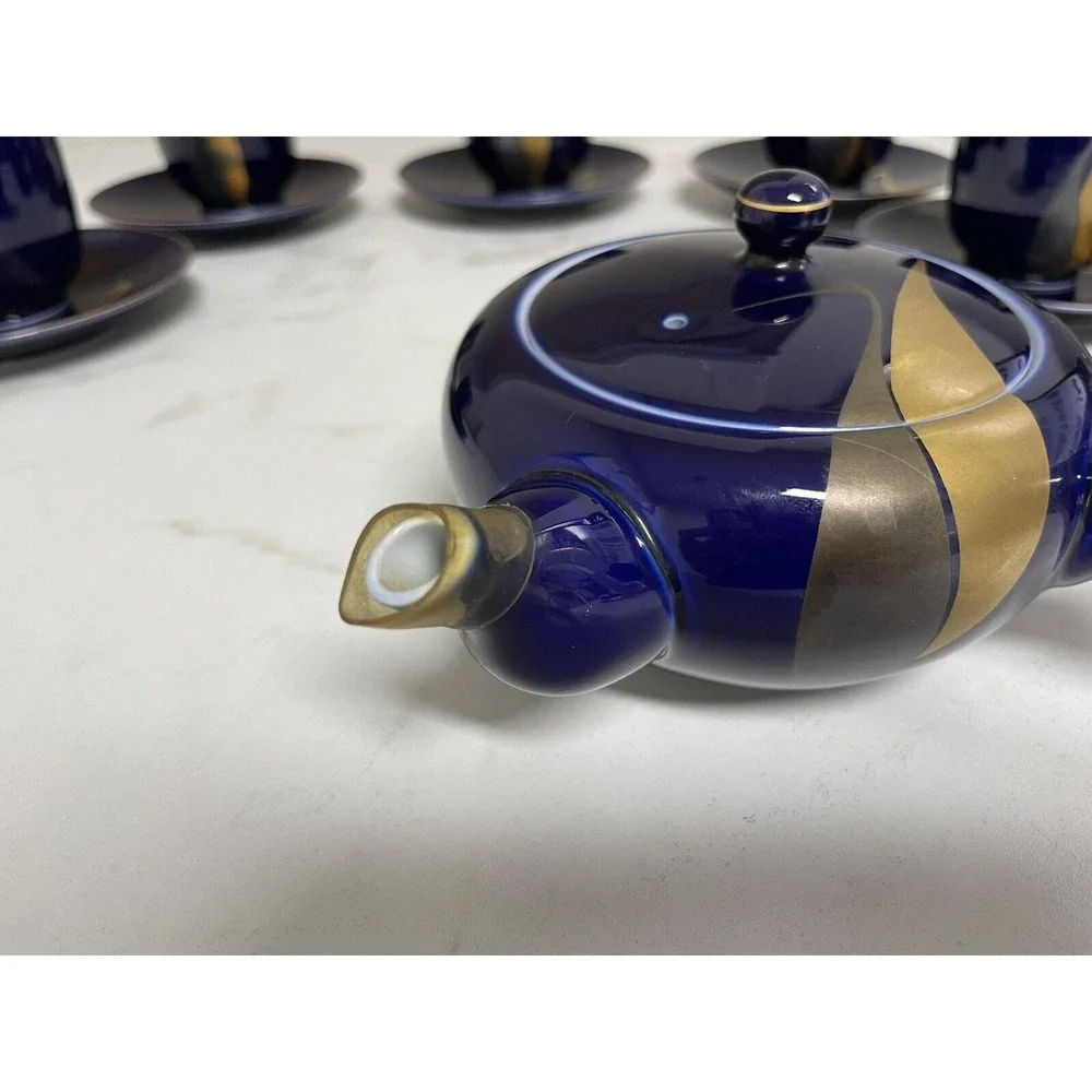 Vintage  Fukagawa Arita Cobalt Blue Gold Cranes Teapot‎ 5 Cups/5 Sm Plates